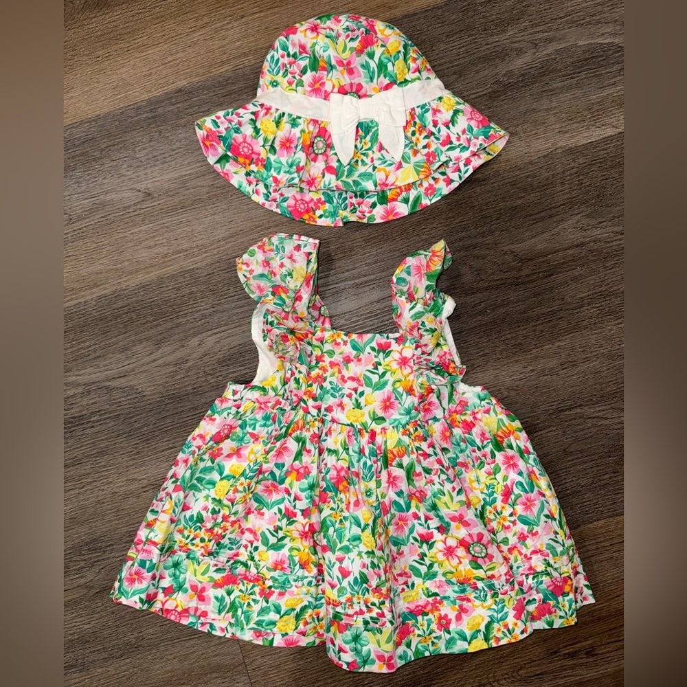 Janie and Jack Pink and Green Floral Dress with Hat 12-18 months